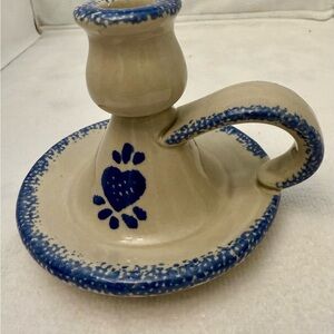 Vintage salt-glazed stoneware taper chamber candle holder gray with blue sponge